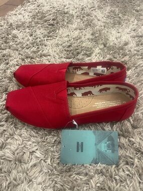 TOMS Red Canvas Slip-On Flats with Printed Insole